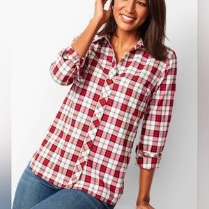 Talbots Petite Plaid Button Up Shirt Red Black Gold Metallic Size MP